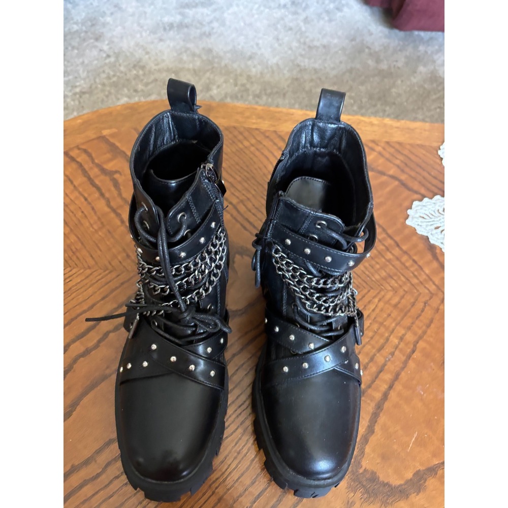 Jeossy Milan Black Studded Chain Combat Boots Lug Sole DJY9621 Womens 8 NEW
